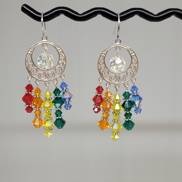 Rainbow Pride Chandelier Crystal Silver Dangle Earrings - Picture 5 of 5